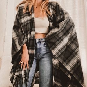 Pendleton merino wool grey plaid fringe blanket wrap shawl